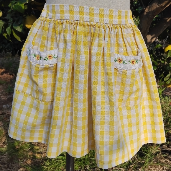 Jacadi Other - Jacadi French Cottage Farm Skirt Girl Yellow Gingham Check Pocket Flower 4t 5t